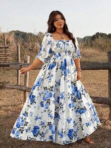 Ceyna Vestido maxiestilo bohemio vintage para mujer de talla grande, con cuello cuadrado romántico, estampado floral diminuto y colorido, y diseño de volantes, para vacaciones - Multicolor 5 - Ver 1