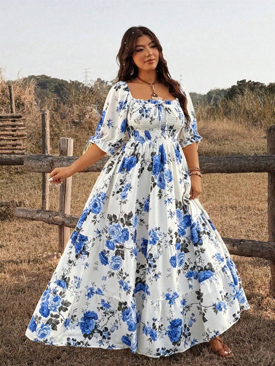Ceyna Vestido maxiestilo bohemio vintage para mujer de talla grande, con cuello cuadrado romántico, estampado floral diminuto y colorido, y diseño de volantes, para vacaciones - Multicolor 5 - Ver 1