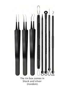 8 piezas Juego de herramientas para eliminar puntos negros, Juego de extractor de puntos negros, Juego de agujas para el acné (para tratamiento del acné), Tratamiento del acné (para imperfecciones de la piel facial) - Negro, Cuidado de la piel, Decoración de la habitación, Decoración del hogar, Decoración del dormitorio, Limpiador de puntos negros, Belleza, Productos de cuidado de la piel, Spa, Autocuidado, Herramientas para el cuidado facial, Cuidado facial, Suministros de belleza, Piel, Limpieza, Rostro - Negro - Ver 7