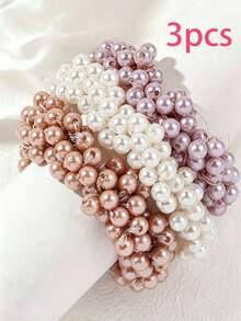 3pcs Sweet And Fresh Faux Pearl Hair Tie With Pearl Bead Hair Accessories, Including Pearl Headband And Hair Ribbon - Multicolor - View 9