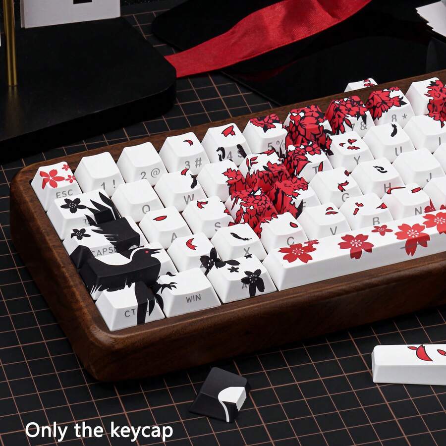 PBT Material Side Engraved Translucent Gradient Keycaps, Sakura Crow & Girl Anime Key Caps Set ,CHERRY Profile Suitable For MX Switches, (Keyboard Not Included) Dye-Sublimation