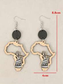 1 Pair Vintage African Map Shape Dancing Girl Hollow Wooden Fashion Earrings - Natural Wood Color - View 6