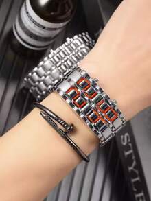 2pcs/Set Fashion New Business Men's Stainless Steel Strap LED Electronic Watch Suitable For Daily Decoration - Silver - View 8