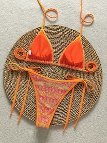 Plus Size Women's Unique Textured Fabric Bikini Swimwear 2-Piece Set, Cute Spaghetti Strap Open Back Design Vacation Beach Summer - Orange - View 3