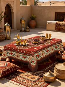 1/2pcs Tablecloth, Vintage Floral Pattern Polyester Fabric Tablecloth Red Background Chinese Style Decorative Fabric Suitable For Round Square Dining Tables Kitchen Restaurant Coffee Table Picnic Camping Country Farmhouse Tabletop Protection Holiday Atmosphere Decoration Multi-Scene Use Tabletop Decor First Choice - Multicolor - View 4