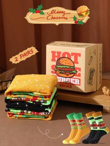 2 Pares de Meias de Cano Médio com Estampa de Hambúrguer, Unissex, Design Criativo Realista de Fast Food, Item Essencial Personalizado de Nicho, Adequado para Ação de Graças / Natal / Carnaval / Formatura / Halloween / Páscoa, Presente Surpresa, Meias de Uso Diário no Estilo Street, Item de Roupa Casual, Ótimo Presente para Viagens Curtas / Casa / Escritório / Academia / Corrida / Esportes ao Ar Livre, Todas as Ocasiões - Multicolorido - Visão 12