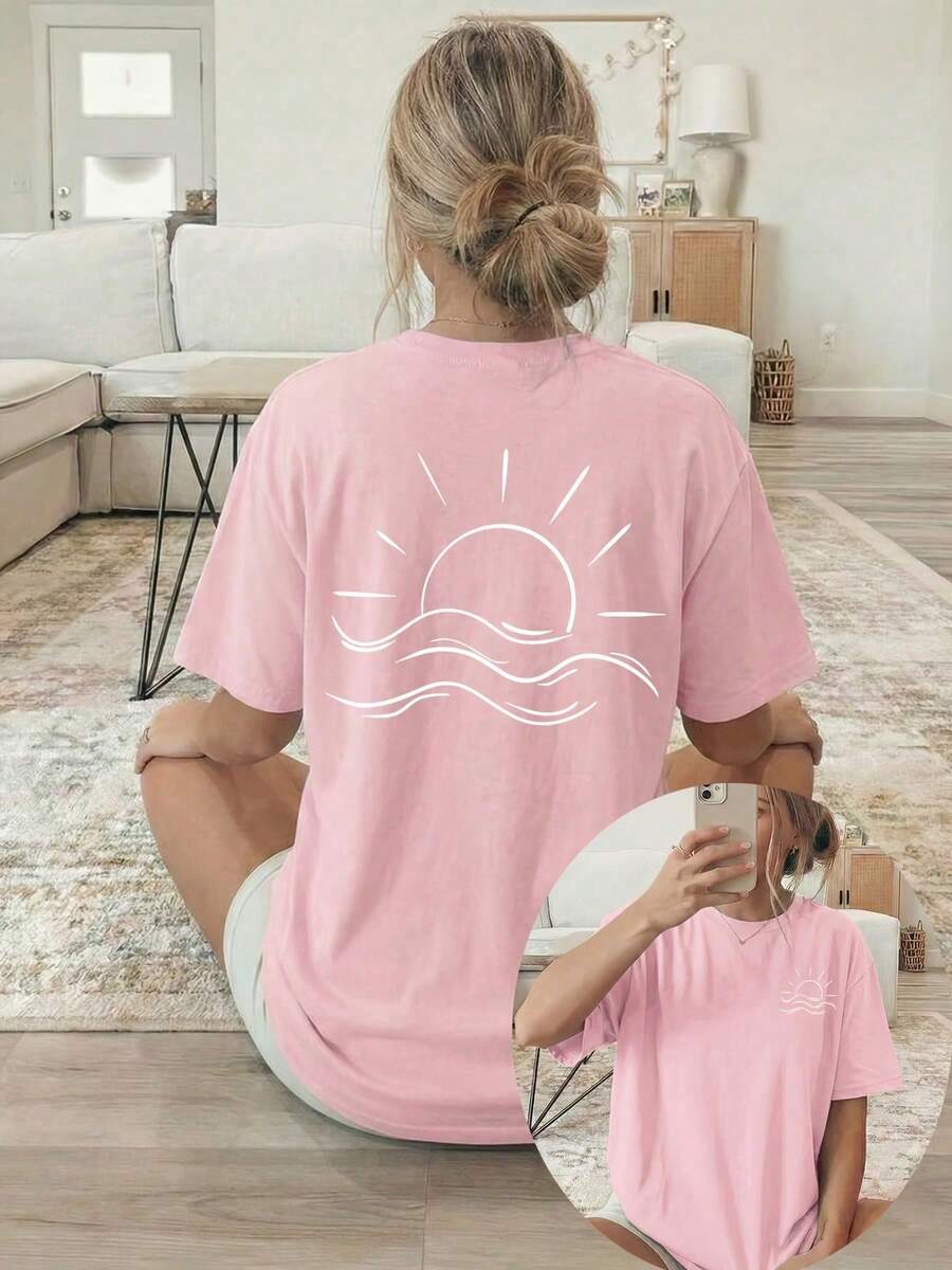 New Summer Collection 2026, [Double-Sided Print] Women's Loose Spring/Summer Casual Clothing, Sun And Sea Print With White Lines, Short Sleeve Crew Neck T-Shirt - 粉色 - 查看 1
