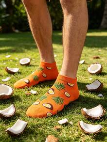 1 Pasang Kaos Kaki Perahu Gaya Liburan Tropis, Motif Daun Pohon Kelapa Oranye, Nyaman dan Tahan Lama, Kaos Kaki Pendek Harian Sepanjang Musim - MultiWarna - View 3