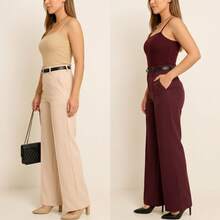 Kit 2 Women's Wide Leg Pants With Belt - 米色/酒紅色 - 查看 3