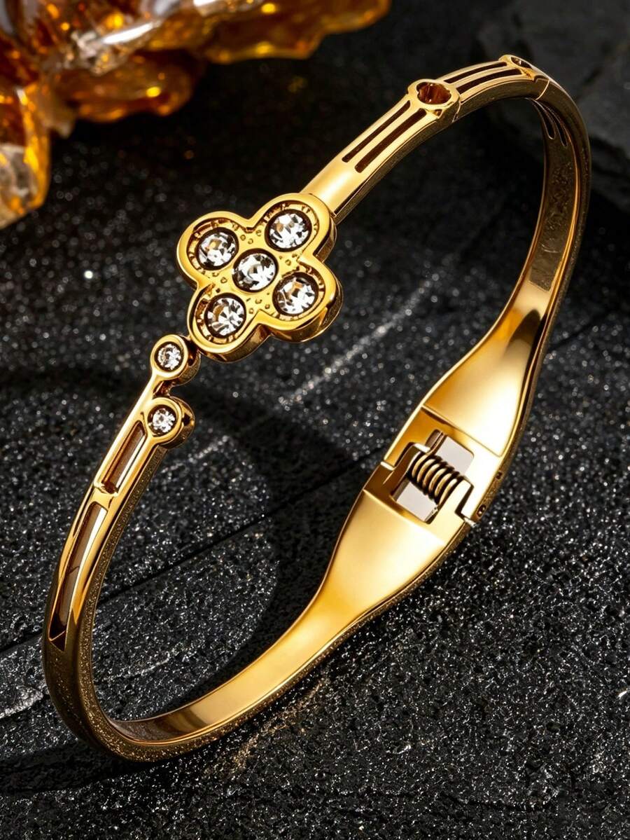 Light Luxury Four-Leaf Clover Rhinestone Inlaid Gold Spring Open Bangle Bracelet For Women, Premium Titanium Steel Bracelet, Exquisite Versatile Commuter Jewelry, Niche Design Elegant Accessory, Cross-Border Hot-Selling Daily Gift Fashion Jewelry - Four-leaf Clover Earrings - View 1