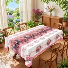 Pink Rose Tablecloth, Round And Rectangular Multiple Sizes, Colorful Floral Print Table Cover For Indoor Outdoor Use, Ideal For Garden Holiday Party Decor, Coffee Table Decoration, Kitchen Accessories And Home Ornaments - 粉色 - 查看 1