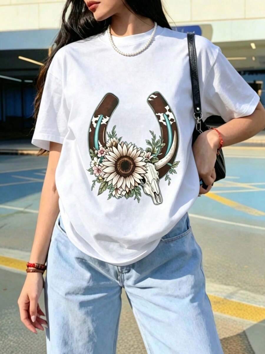 Women's Printed T-Shirt, Lightweight, Breathable, Comfortable, And Versatile. 100% Cotton, Cool And Airy, Machine Washable. Stylish Summer Wear With A Modern, Urban Feel. - 白色 - 查看 1