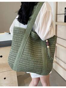Bolso de mano de ganchillo estilo bohemio, silueta de gran capacidad con elementos naturales, primera opción de los fashionistas, ligero y llamativo, añade un toque casual tropical a cualquier atuendo - Verde - Ver 3