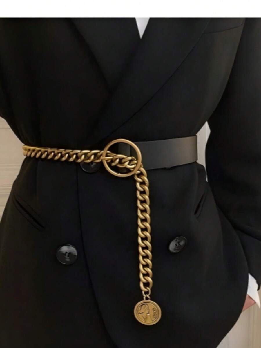 1件金屬鏈條吊墜腰帶，時尚大膽鏈條PU皮革腰帶，適合洋裝、西裝和外套，日常穿著與正式場合，情人節裝飾，禮物，極簡優雅腰部裝飾，送給母親的禮物 - A - 查看 1