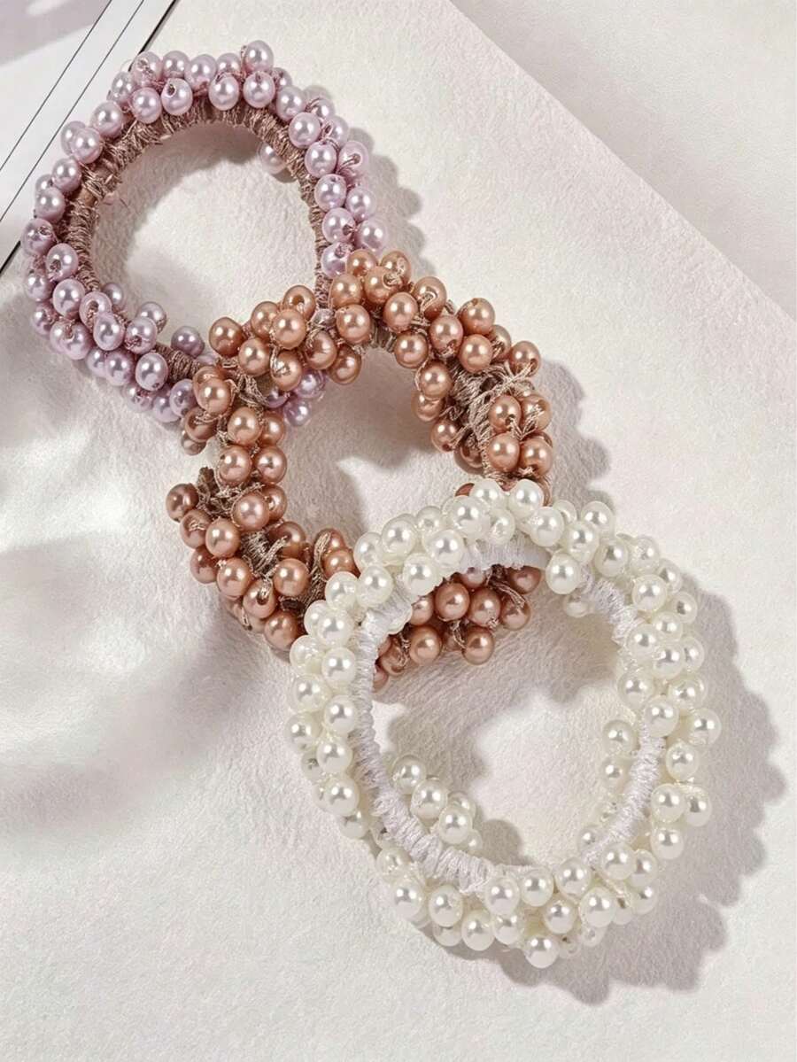 3pcs Sweet And Fresh Faux Pearl Hair Tie With Pearl Bead Hair Accessories, Including Pearl Headband And Hair Ribbon - Multicolor - View 1