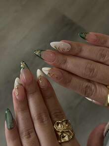 10 Pieces Of Handmade Press On Nails, Green Cat's Eye Design, Green French-Style Fingertip Manicure With Gold Flowers And Golden Floral Stem Vines. Stylish, Elegant, Fresh Summer Nail Art. Perfect For Everyday Dates And Parties With Fake Nails. - Green - View 2