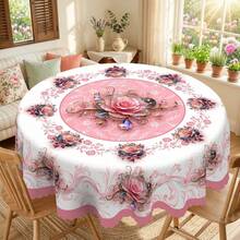 Pink Rose Tablecloth, Round And Rectangular Multiple Sizes, Colorful Floral Print Table Cover For Indoor Outdoor Use, Ideal For Garden Holiday Party Decor, Coffee Table Decoration, Kitchen Accessories And Home Ornaments - 粉色 - 查看 2
