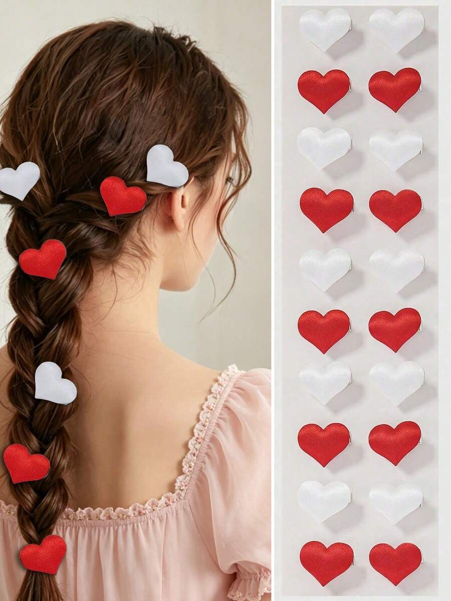 15pcs/Set Girls/Ladies White & Red Fabric Heart Shaped Cute Princess Hair Clips, Bangs Clips, Hair Accessories For Daily Use - Multicolor - View 1