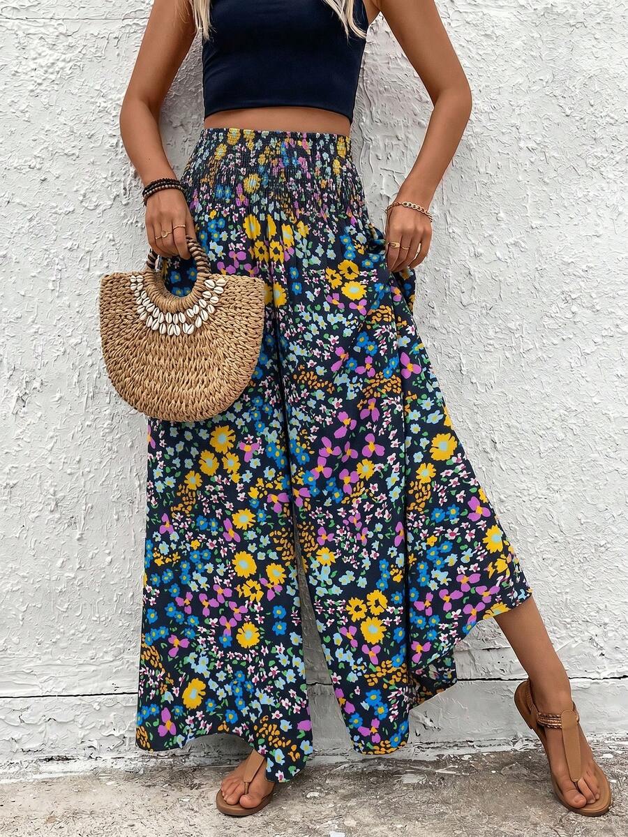 Damen leichte, lässige, weite Palazzohose, Boho-Stil, geeignet für Sommerurlaub - Blumen - Übersicht 1