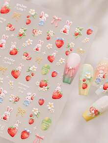 1pc 5D Pearl Kawaii Rabbit Strawberry Nail Art Stickers Exquisite Cartoon Rabbit Strawberry Flower Flower Adhesive Manicure Decorations Decal Accessories DIY - Multicolor - View 1