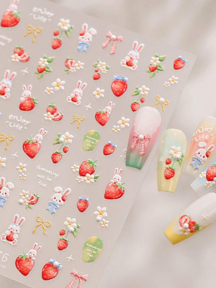 1pc 5D Pearl Kawaii Rabbit Strawberry Nail Art Stickers Exquisite Cartoon Rabbit Strawberry Flower Flower Adhesive Manicure Decorations Decal Accessories DIY - Multicolor - View 1