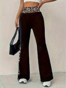 Women's High-Waisted Leopard Print Detail Flared Pants - Black - View 4