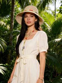 1 pieza Sombrero de paja tejido hueco de ala ancha de unicolor para mujer, primavera verano otoño, moda europea & americana vintage elegante sombrero de cubo de paja, versátil para uso casual al aire libre viajes vacaciones - A - Ver 5