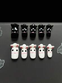 Handmade Press On Nails, 10Pcs Black & White 3D Cat Fake Nails With Kitty Face & Ears, Almond Acrylic Nails, Reusable False Nails For Cosplay/Kawaii Party - Black and White - View 9