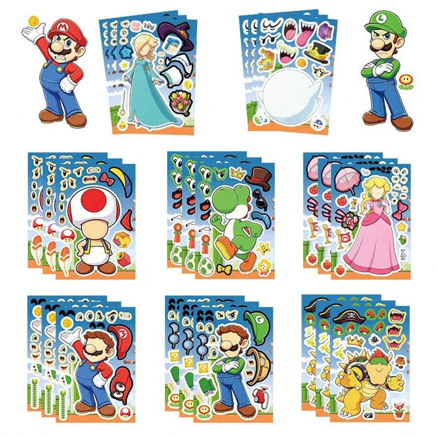 SUPER MARIO BROS. 1套/8件 超級水管工兄弟 DIY 角色貼紙包，8張可混搭貼紙附可拆卸零件，包含紅帽英雄、綠色夥伴、公主、龍、蘑菇與幽靈，適合剪貼簿、手帳與客製化裝飾 - 彩色 - 查看 1