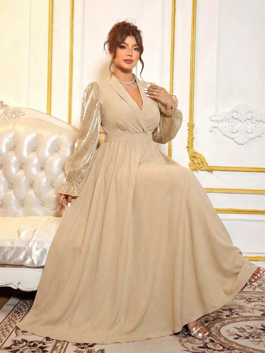 Cravure Vestido largo de manga larga con decoración de burbujas y cuello, de gasa verde oliva, para fiesta, talla grande para mujer - Caqui - Ver 1