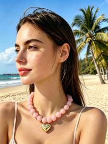 Women's Exaggerated Beaded Necklace Gold Fluffy Heart Choker Necklace Colorful Resin Bead Heart Pendant Necklace Fashion Jewelry - Pink - View 4