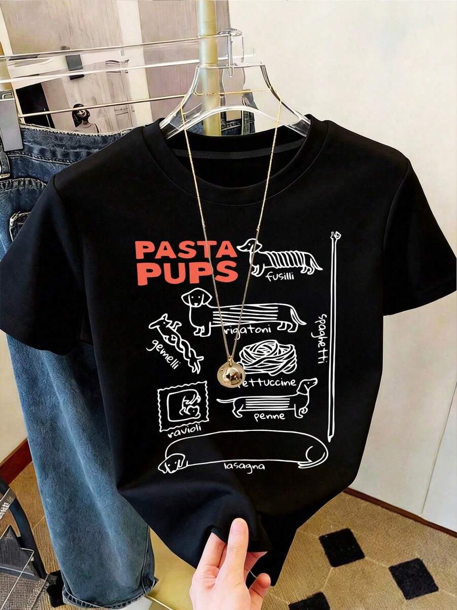 Camisa de manga corta de dama con cuello redondo y estampado de perro. Es de alta elasticidad y cumple con los estándares. Es una camiseta casual en estilo perro salchicha italiano y cómoda, - Negro - Ver 1