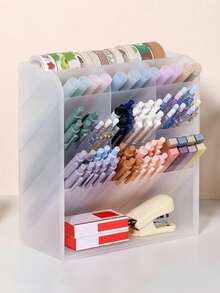 1pc Slanted Pen Holder Desk Organizer Box, Multi-Compartment Large Capacity Stationery & Cosmetic Storage - Multicolor - View 8
