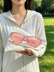1 Piece Women's Oval Eyewear, Pink Frame With Tinted Lenses, Y2K-Inspired Style, Versatile Statement Accessory For Summer Beach, Vacation, Camping, Graduation, Travel And Daily Wear, Ideal For Street Style, Casual Outings And All-Season Use, Great Gift For Her - Gọng kính màu hồng tím, tròng kính màu hồng - Xem 3