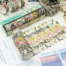 10 Rolls Of Vintage Bright Floral Pattern Washi Tape Set - Beautiful DIY Decorative Self-Adhesive Strips For Scrapbook Diary Decoration Washi Tape, Handmade Gifts For Friends Back To School - Sets - View 5