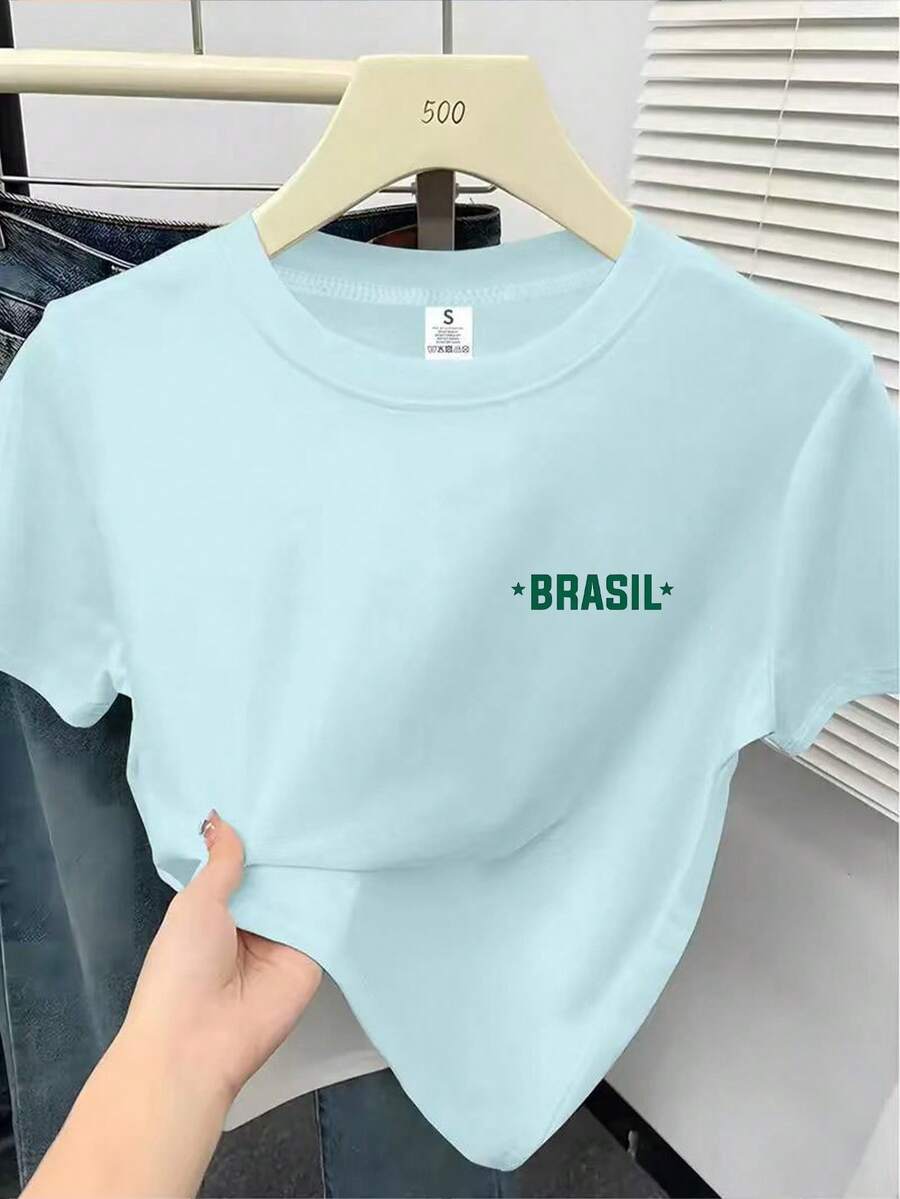 Women's Cropped Top, Brazil Fan Club, Small Printed Blouse, Short Sleeve T-Shirt, Round Neck, New Arrival - 淺藍色 - 查看 1
