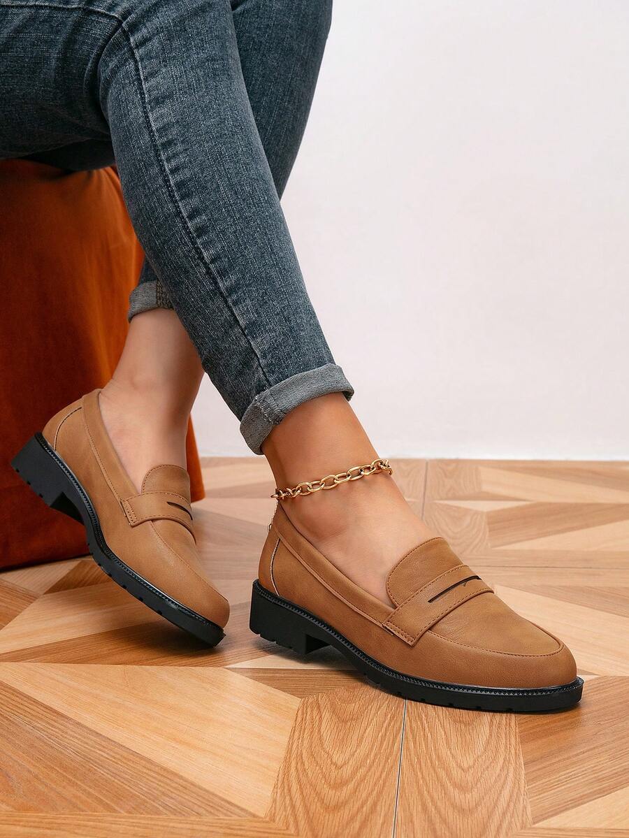 Giày Loafers đế cao cổ điển màu nâu nữ, phong cách Preppy học đường, giày xỏ casual - màu nâu - Xem 1