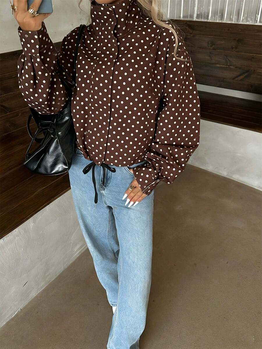 Chaqueta bomber de mujer casual y elegante con lunares azules para vacaciones, chaqueta exterior corta y con estilo, moda callejera Y2K, adecuada para vacaciones y deportes - Marrón - Ver 1