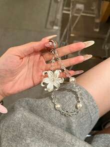 Colgante de cadena para teléfono con flor de iris de perla blanca, accesorio, llavero - Blanco - Ver 6