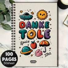 1pc Cute Cartoon Style Spiral Coil Notebook, Eye-Catching Cover With Colorful Letters, Sun, UFO Patterns, 100 Pages 50 Sheets, Suitable For Work Records, Study Notes, Daily Planning, Graduation Gift, Birthday Gift, Diary, Memo Writing - C - View 7