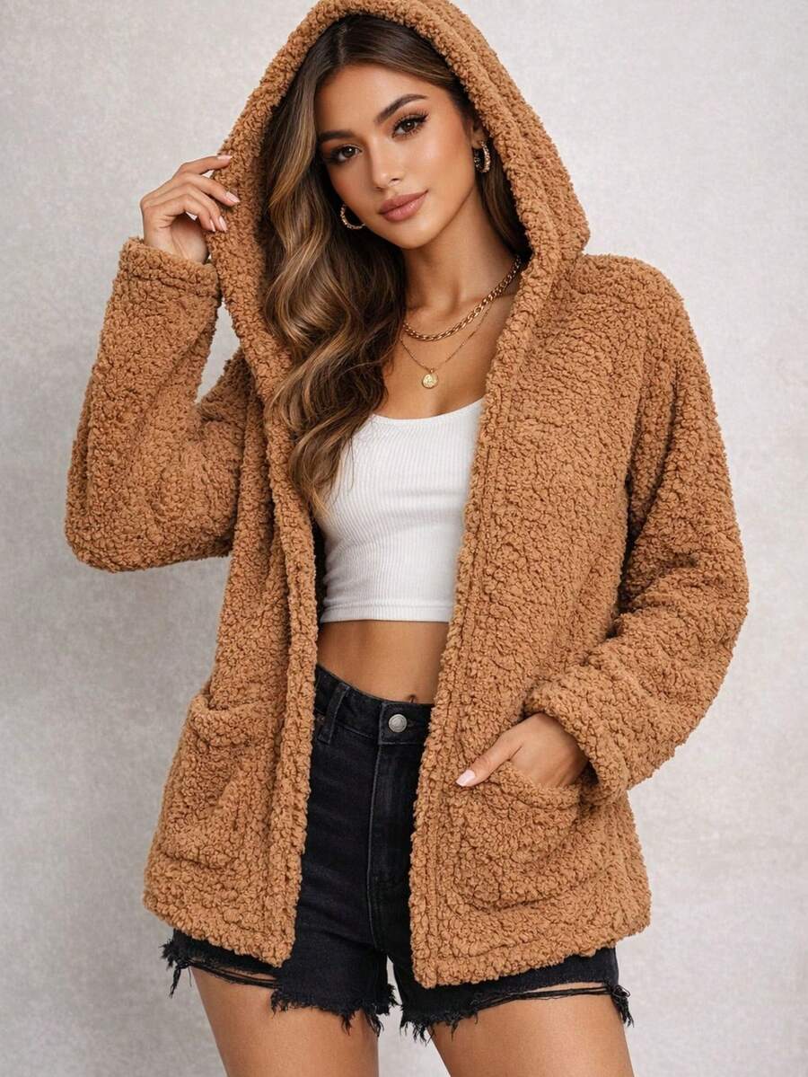 Women's Teddy Animal Print Hooded Jacket – Leopard Style With Fur Pockets - Everyday Wear - 駝色 - 查看 1