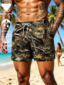 Men's Summer Surf Beach Shorts, Palm Tree Pattern, Adjustable Waist Swim Trunks - Multicolor - View 4