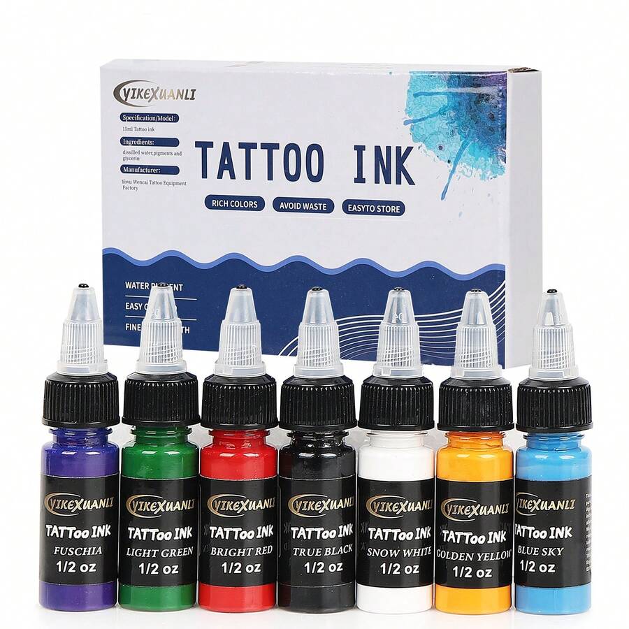 7色 15ml 紋身墨水，豐富色彩可任意搭配，適用於身體彩繪，適合初學者與經驗豐富的紋身藝術家