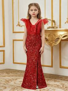 Vestido de sirena con lentejuelas y panel de tull para niña preadolescente sin hombros - Rojo - Ver 4