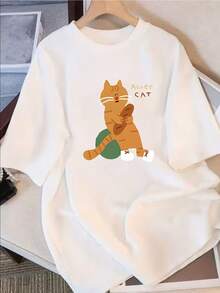 Women's Round Neck Short Sleeve T-Shirt, Cute Loose Casual Cartoon Swimming Cat Print Short Sleeve Top For Spring And Summer (1 Piece) - White - View 1