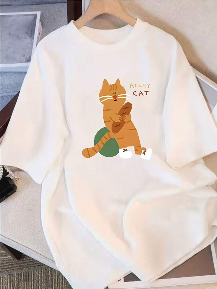 Women's Round Neck Short Sleeve T-Shirt, Cute Loose Casual Cartoon Swimming Cat Print Short Sleeve Top For Spring And Summer (1 Piece) - White - View 1