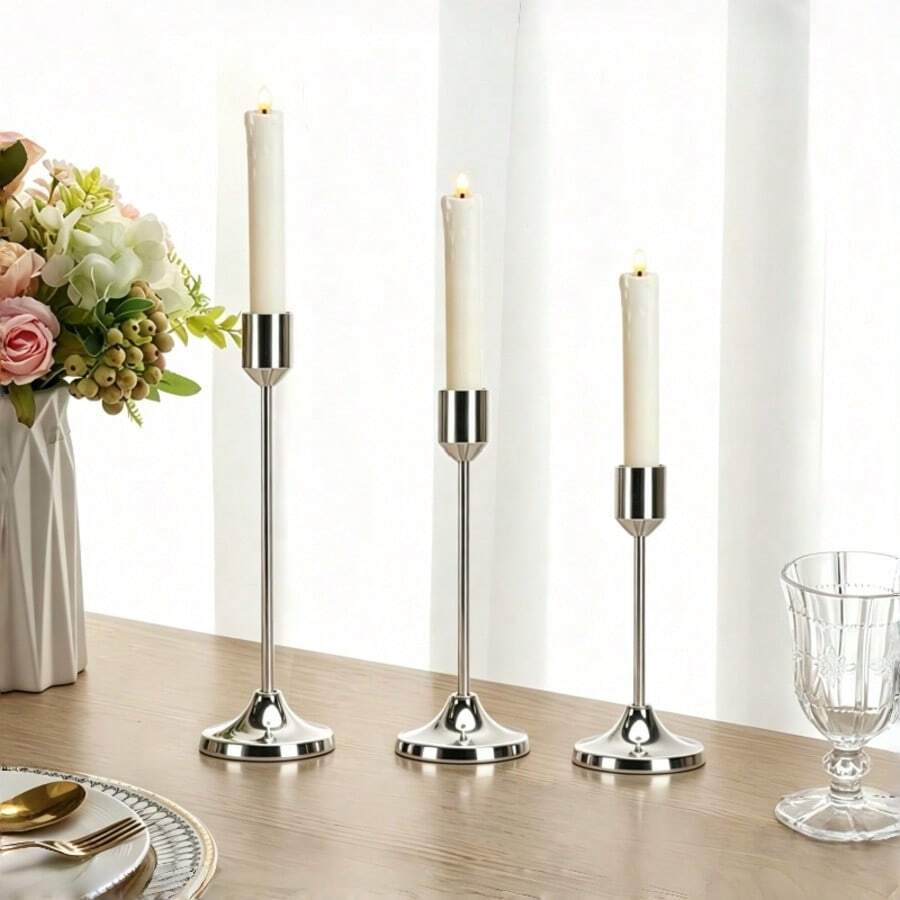 3pcs Silver Elegant Candlestick, Suitable For Wedding Party Dining Table Centerpiece Decor, Banquet Atmosphere Candle Holder, Versatile Metal Candle Stand, Dining Table Centerpiece, Party Hotel Holiday Scene (Candles Not Included) - Versatile - View 1
