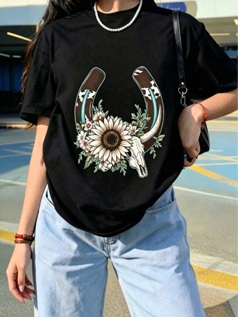 Women's Printed T-Shirt, Lightweight, Breathable, Comfortable, And Versatile. 100% Cotton, Cool And Airy, Machine Washable. Stylish Summer Wear With A Modern, Urban Feel. - 黑色 - 查看 1