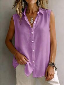 Kemeja Tanpa Lengan Berkerah Modis untuk Wanita, Atasan Tank Top Camisole Kasual Longgar Serbaguna untuk Beraktivitas Sehari-hari, Kancing Depan Warna Polos, Pakaian Musim Panas Sehari-hari - Purple - View 3