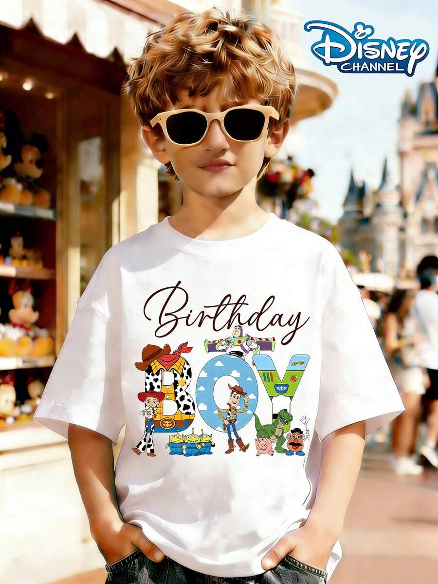 Disney Toy Story Birthday-Themed T-Shirt, "Birthday Boy", Woody And Buzz Lightyear Cute And Playful Birthday Commemorative Top Print Pattern Summer Tops,Short-Sleeved Casual And Cute Style Children's Clothing Design, Girl Clothes,Boy Kids Clothes ,Ropa Para Niños,Teen Girls Clothes, Summer Clothes,Boys Summer Outfits,Boys Clothes,Perfect For Cool Girls. Comfortable And Breathable Children's Short-Sleeved T-Shirt. Comfortable And Casual Wear All Year Children's Clothes,Comfortable & Lightweight, Iconic Print For Mix-And-Match Outfits,Suitable For Both Boys And Girls. - White - View 1